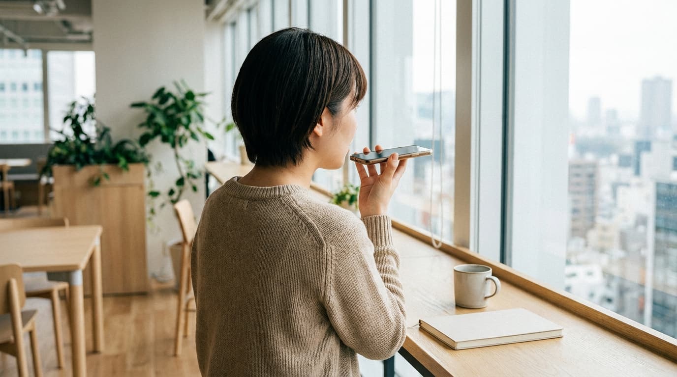 Person am Fenster spricht eine Nachricht ins Smartphone: sprechen statt tippen