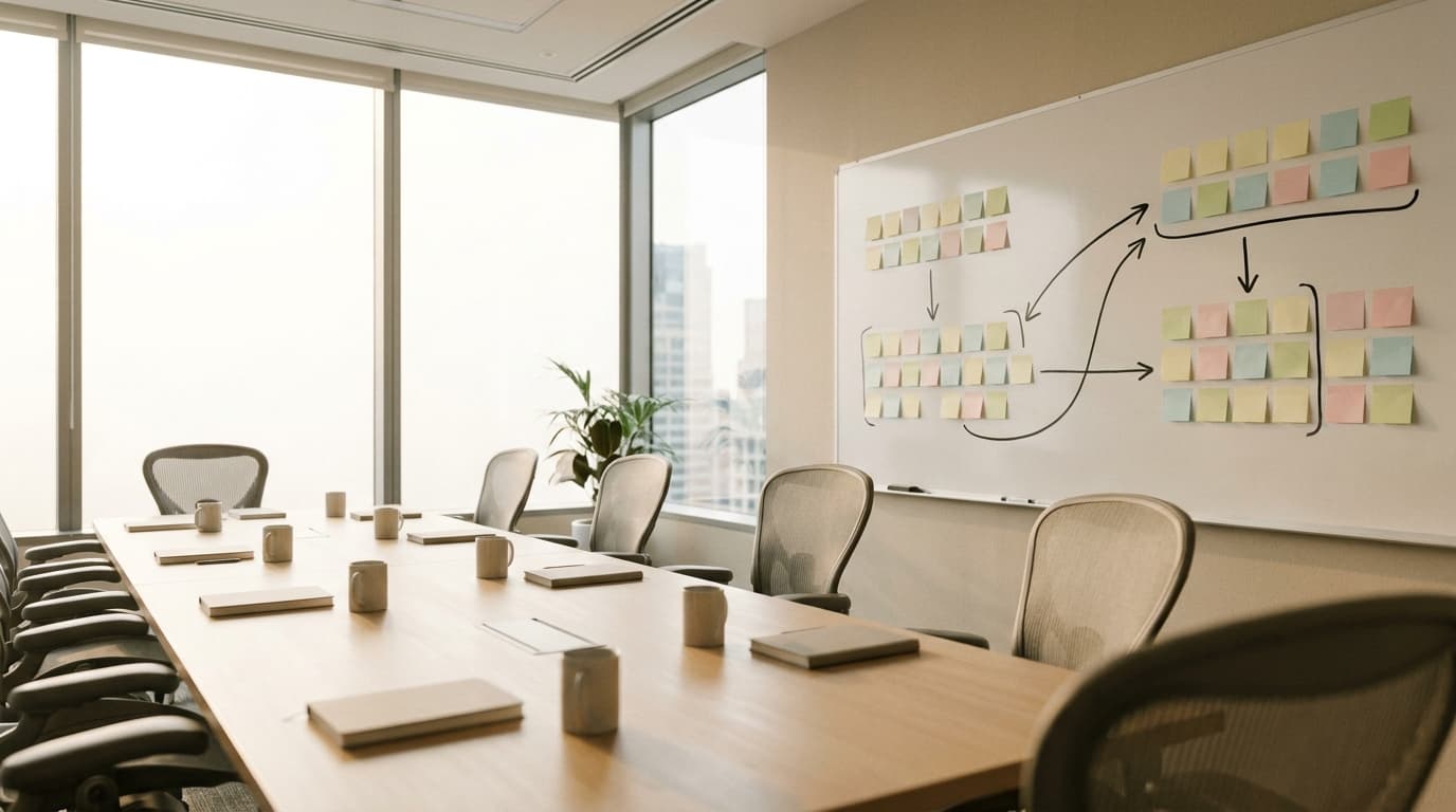 Leerer Besprechungsraum nach dem Workshop, Whiteboard mit vier verbundenen Gruppen von Haftnotizen: die Prozesslandschaft der Kanzlei