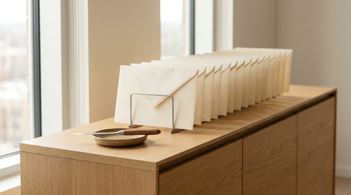 Reihe gleicher, versandfertiger Umschläge auf dem Sideboard
