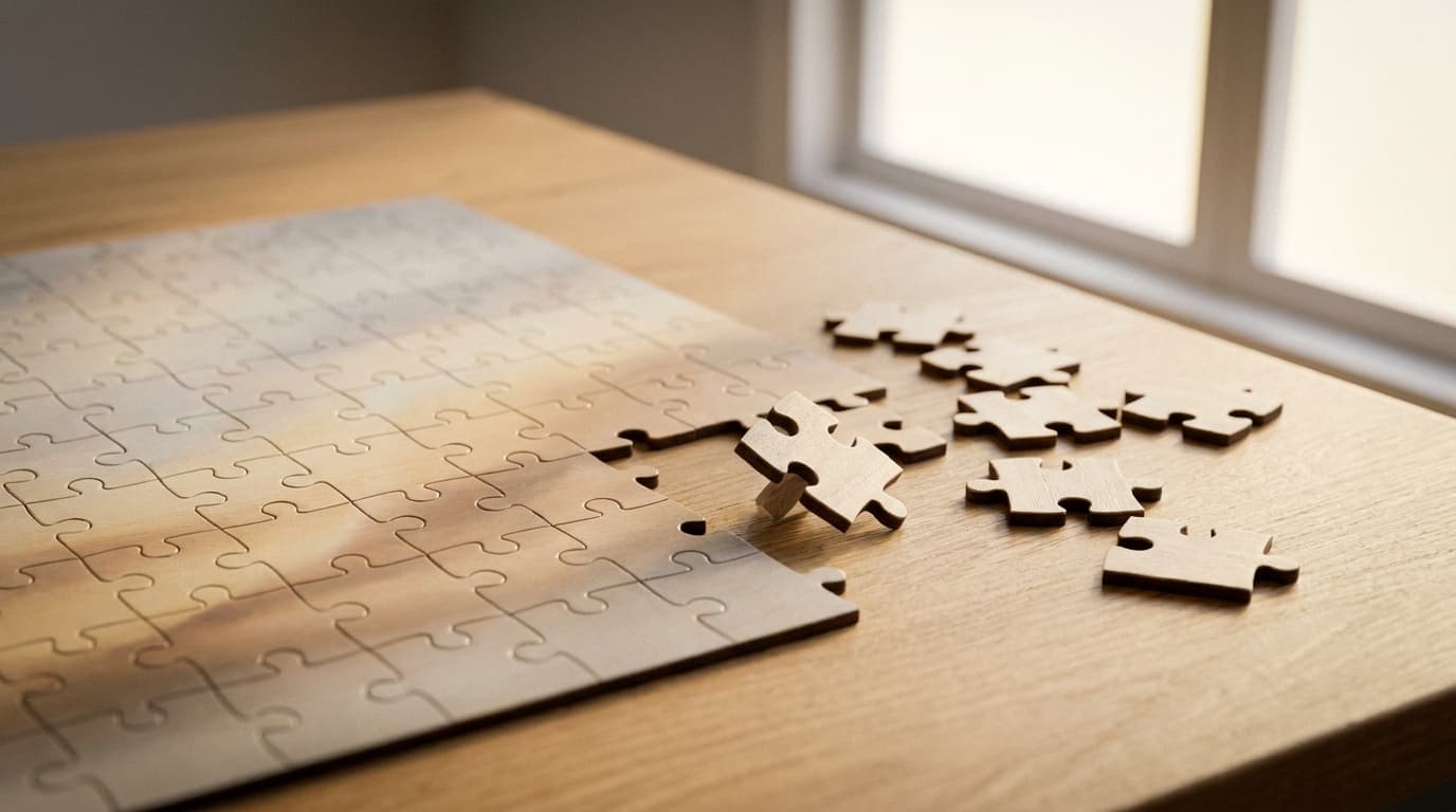 Halb fertiges Holzpuzzle mit losen Teilen: Activepieces ist noch nicht vollständig