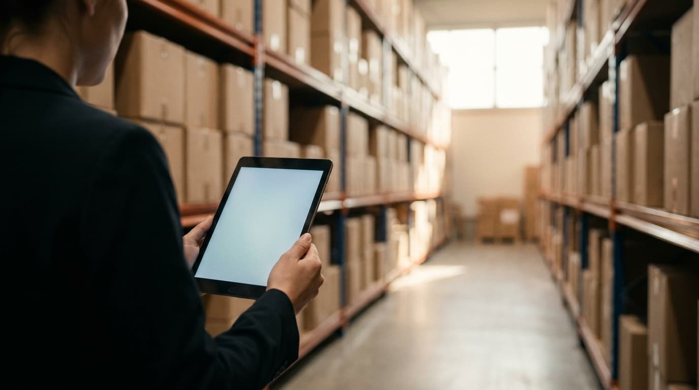 Person mit Tablet im Lagergang: Bestände und Preise aus e.bootis direkt im Chat abfragen