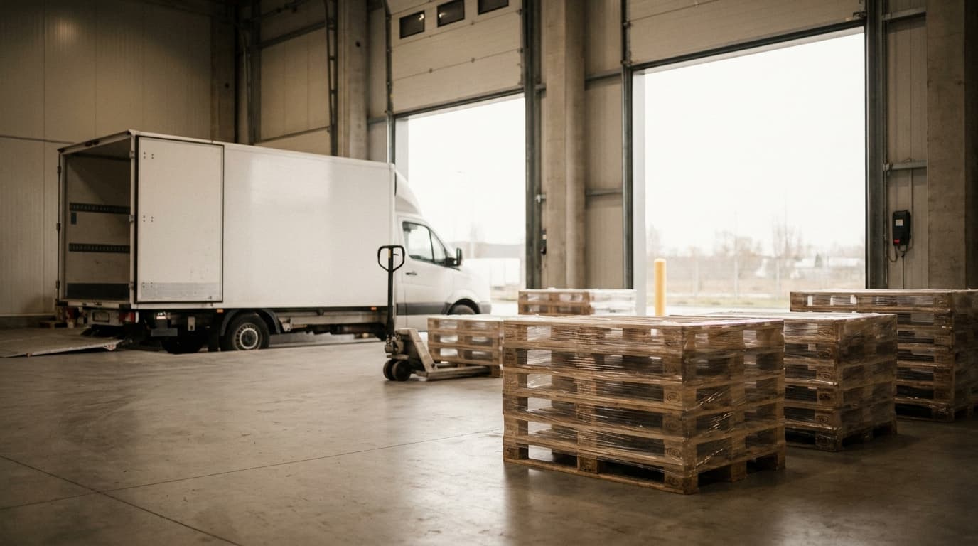 Laderampe eines Großhandels mit Lkw und Paletten: der Warenfluss, den e.bootis mit KI abbildet