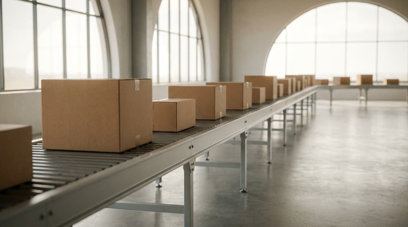Pakete laufen ohne Eingriff über ein Förderband: EDI-Nachrichten, die e.bootis automatisch verarbeitet