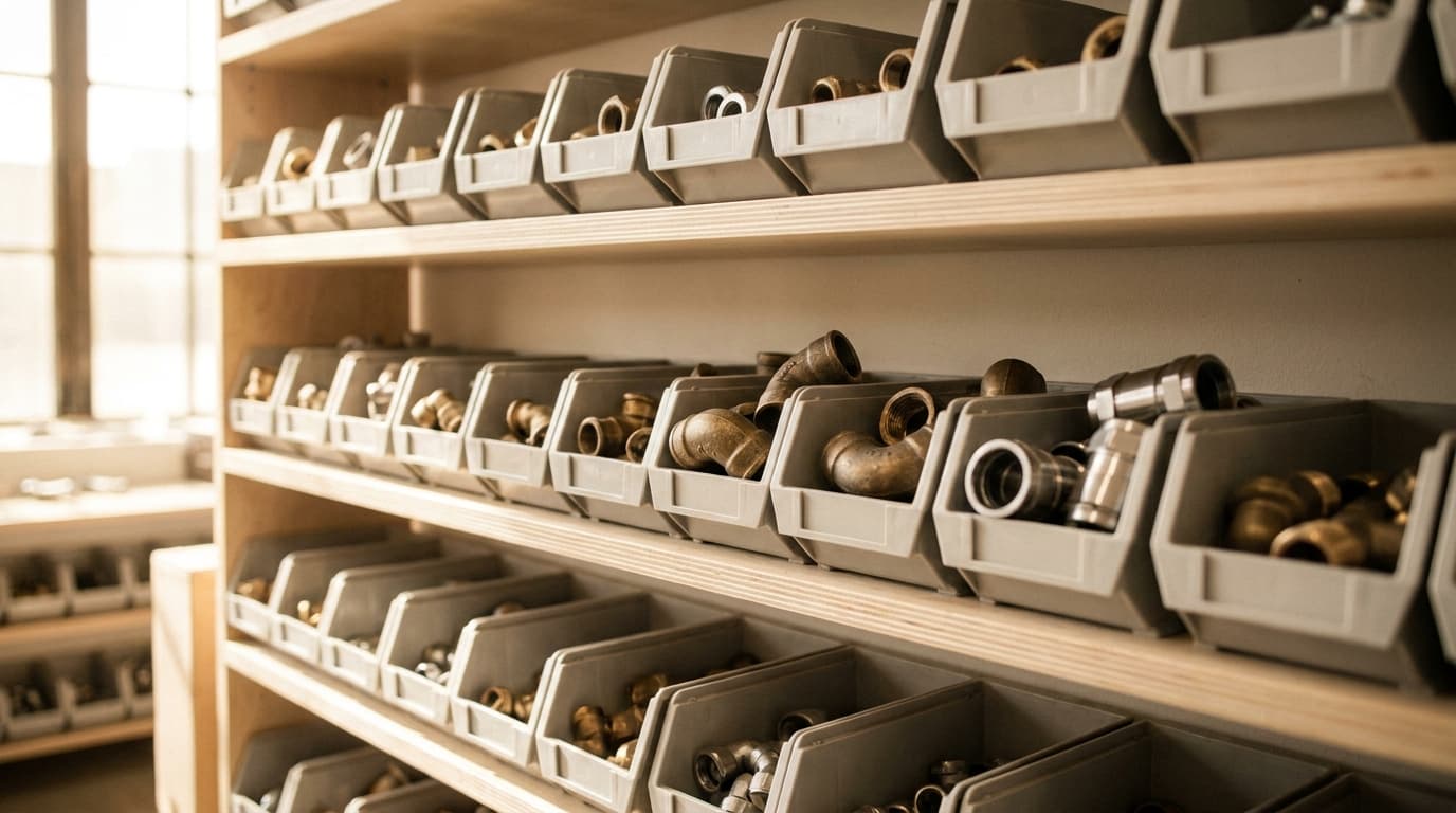 Sortierte Kleinteile in Lagerkästen: Artikelvielfalt im Großhandel, die KI auf e.bootis beherrschbar macht