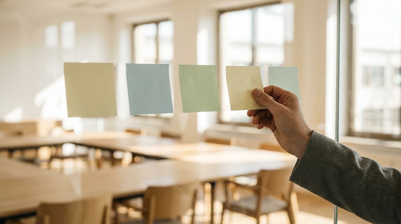 Hand ordnet Haftnotizen an einer Glaswand: priorisierte Roadmap für KI-Projekte auf e.bootis