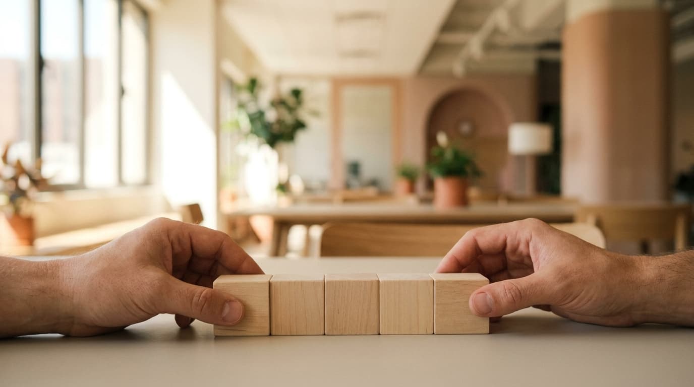 Hände setzen Holzbausteine zu einer Kette zusammen: Make als visueller Workflow-Builder