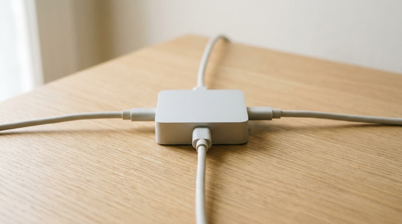 Ein Hub mit vier Kabeln aus vier Richtungen: der MCP-Server als eine Schnittstelle zu e.bootis für alle KI-Agenten