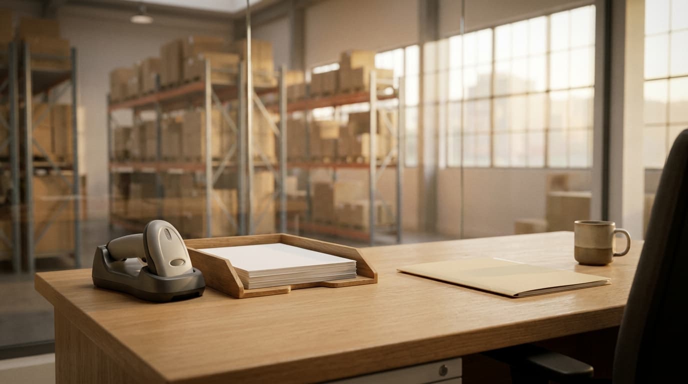 Lagerbüro mit Barcodescanner und Lieferschein-Ablage vor Hochregalen: Schnittstellen der e.bootis-OpenEngine