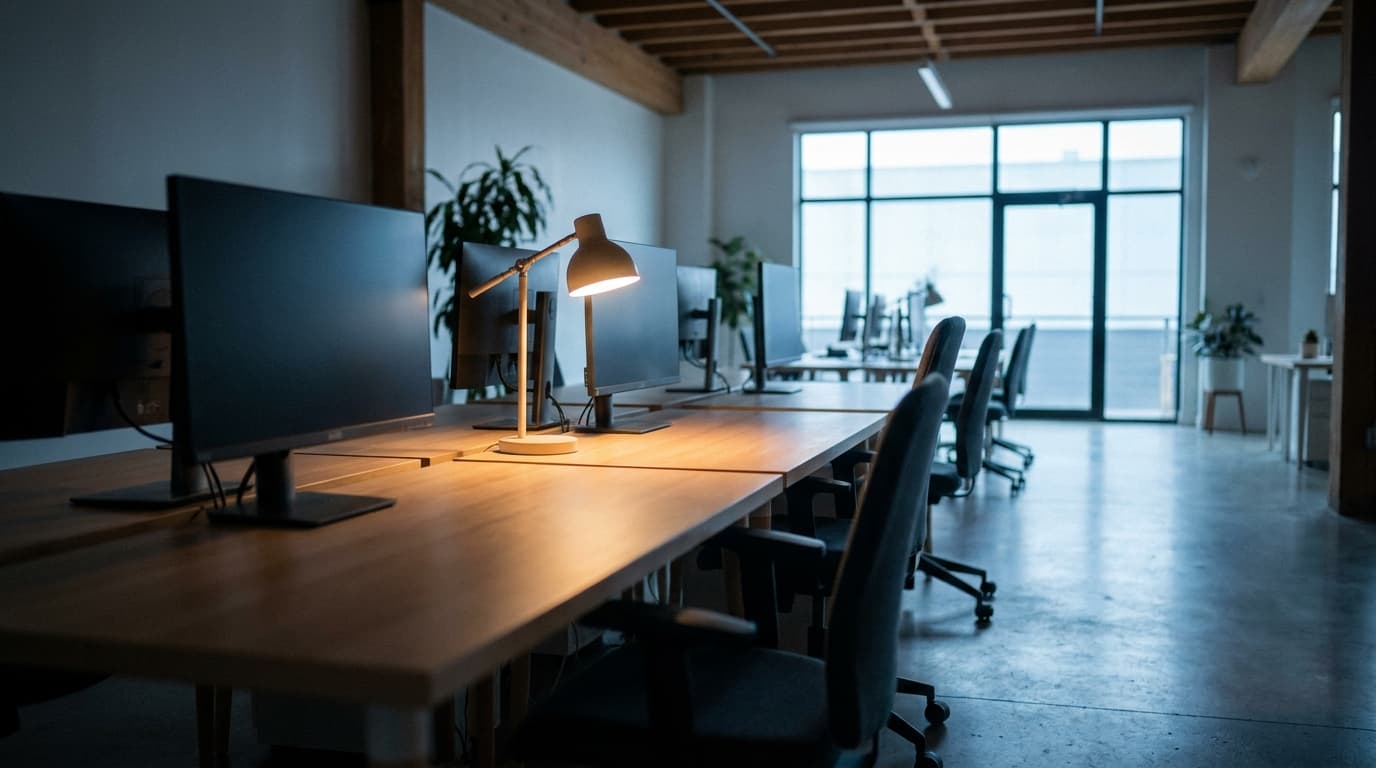 Leere Schreibtischreihe im Morgengrauen mit einer brennenden Lampe: UiPath-Bots arbeiten, wenn niemand da ist