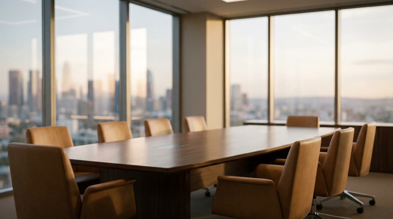 Leerer Vorstandsraum mit Lederstühlen und Stadtblick: Workato als teure Enterprise-iPaaS