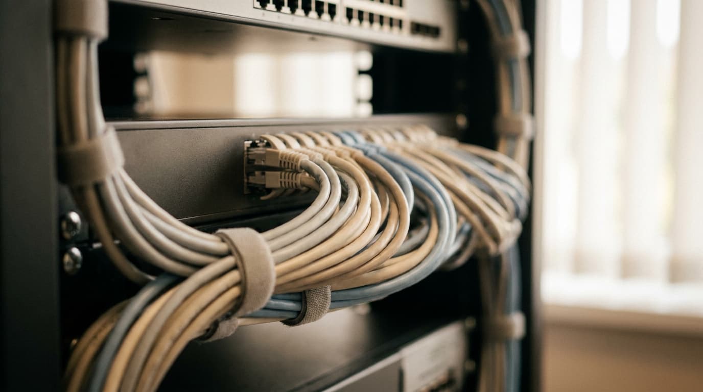 Viele gebündelte Netzwerkkabel in einem Switch: Zapier als größte Plattform mit tausenden Verbindungen