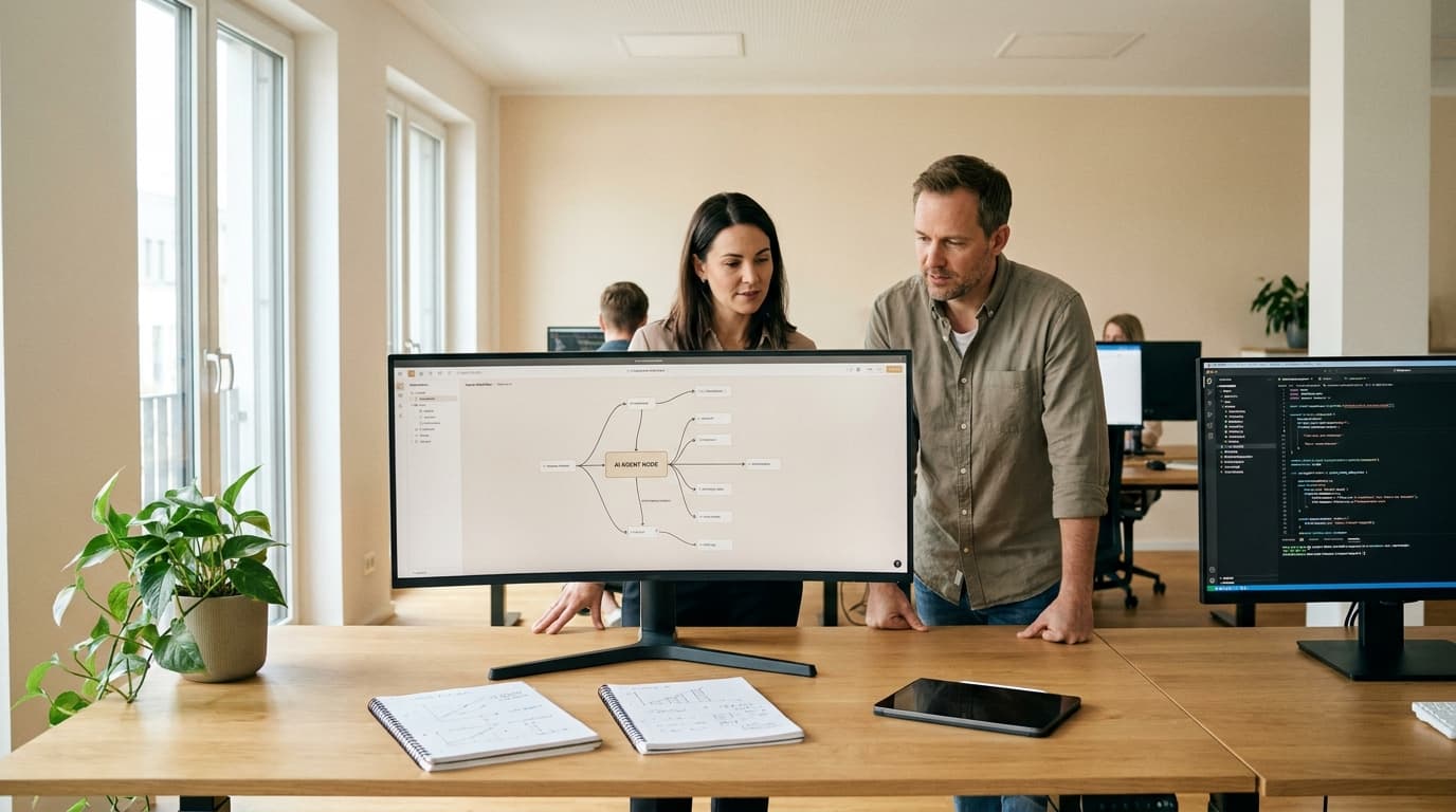 Operations- und IT-Team eines deutschen Mittelständlers bewertet verschiedene KI-Agenten-Plattformen gemeinsam am Monitor