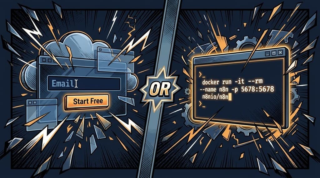 n8n Startoptionen: Cloud-Registrierung und Docker-Befehl im Terminal