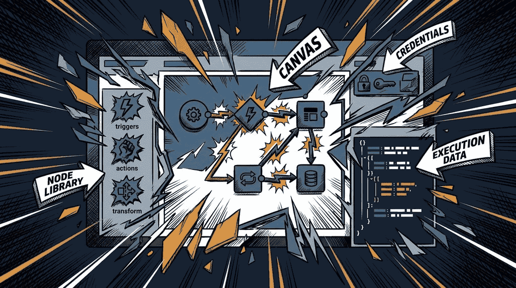 n8n Oberfläche: Canvas mit Node-Bibliothek und Execution-Ansicht