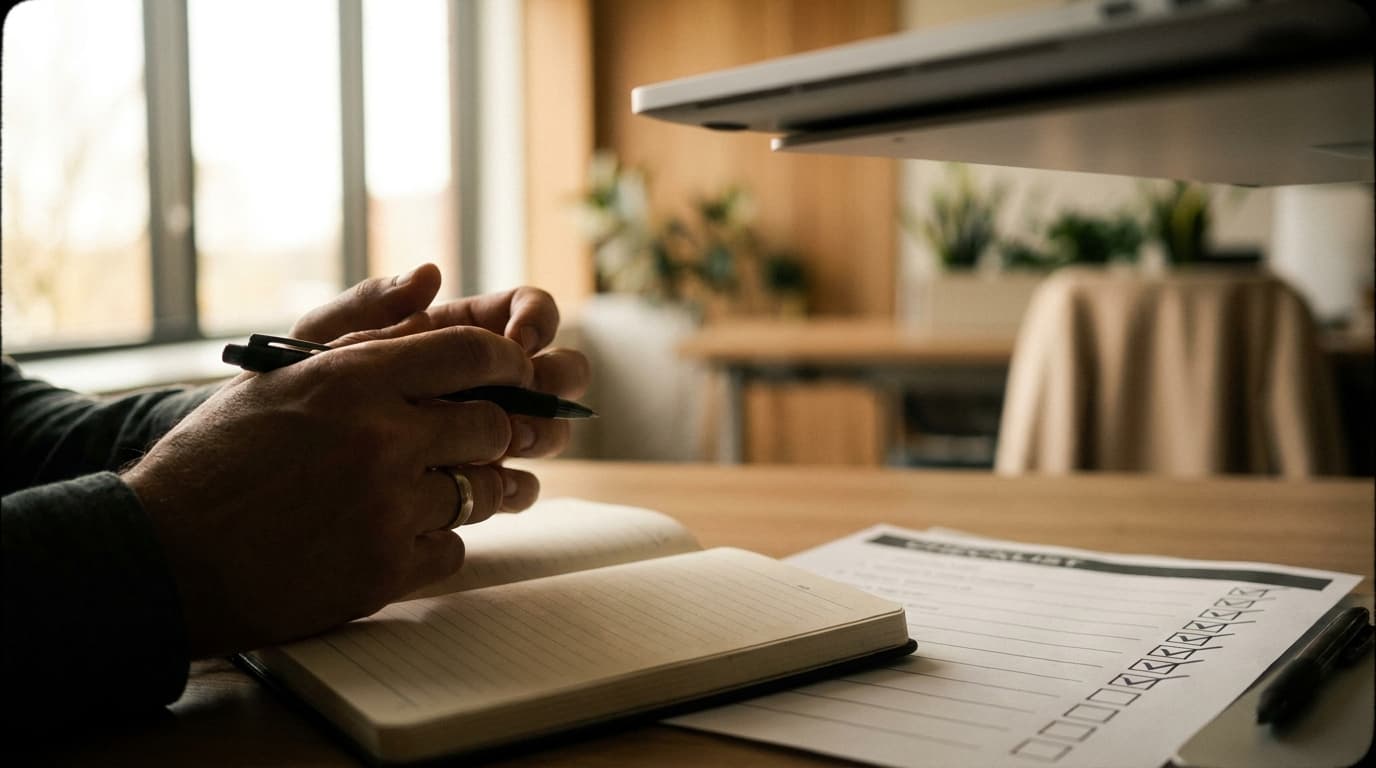 Hände über einer Checkliste und einem Notizbuch