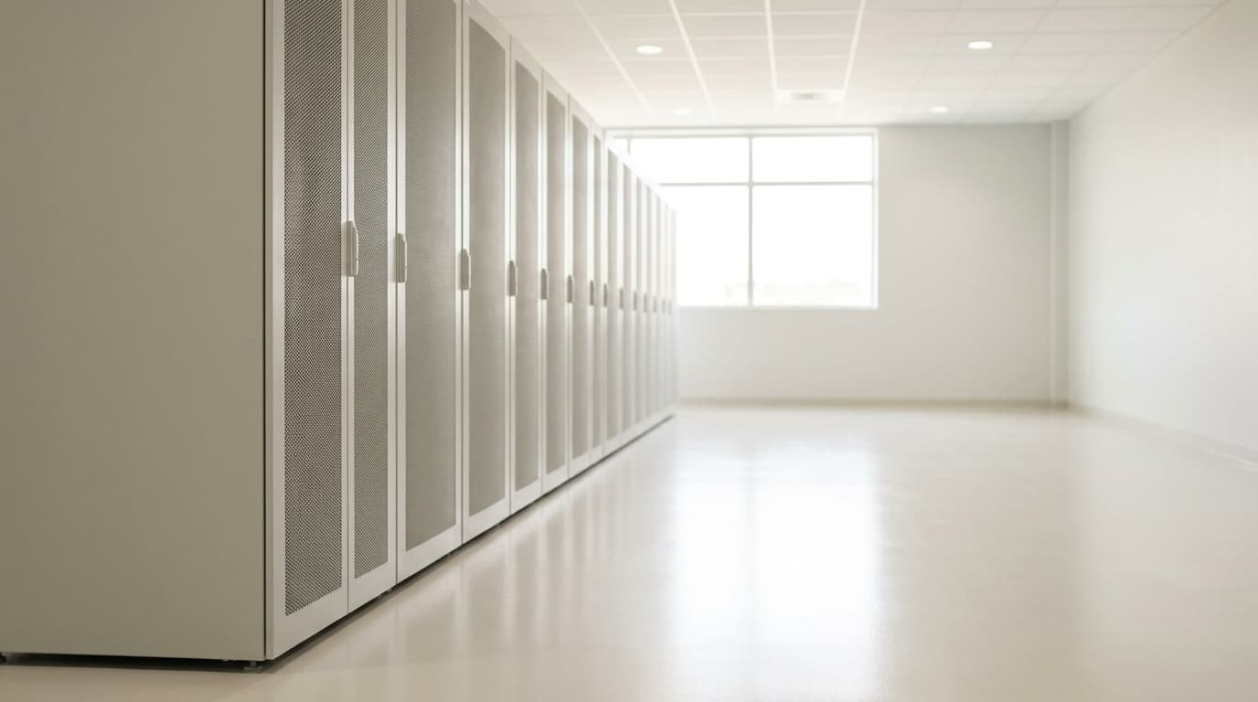 Heller Gang aus identischen Serverschränken, die sich in die Tiefe wiederholen: Kapazität, die mit n8n mitwächst