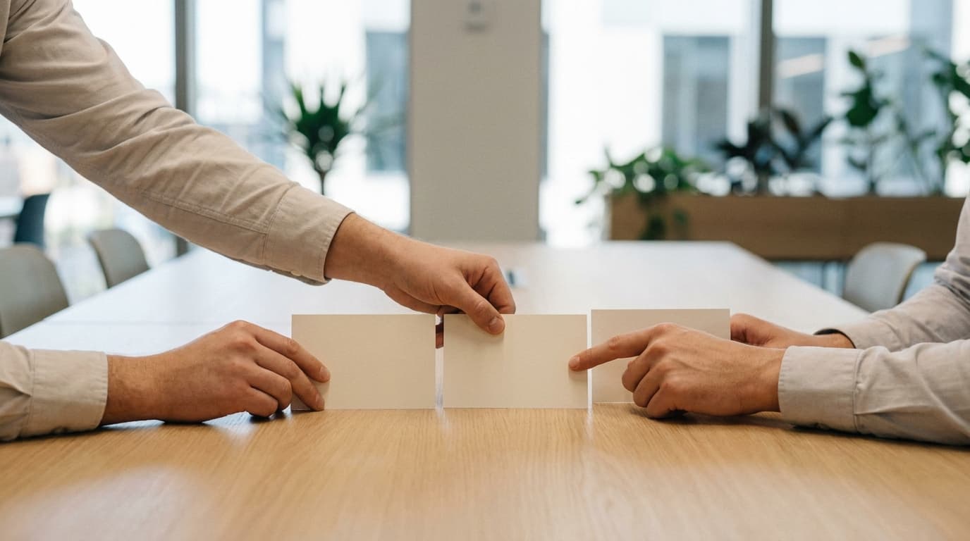 Zwei Paar Hände ordnen Karteikarten zu einer festen Reihenfolge: Fachwissen wird gemeinsam in eine wiederholbare Form gebracht