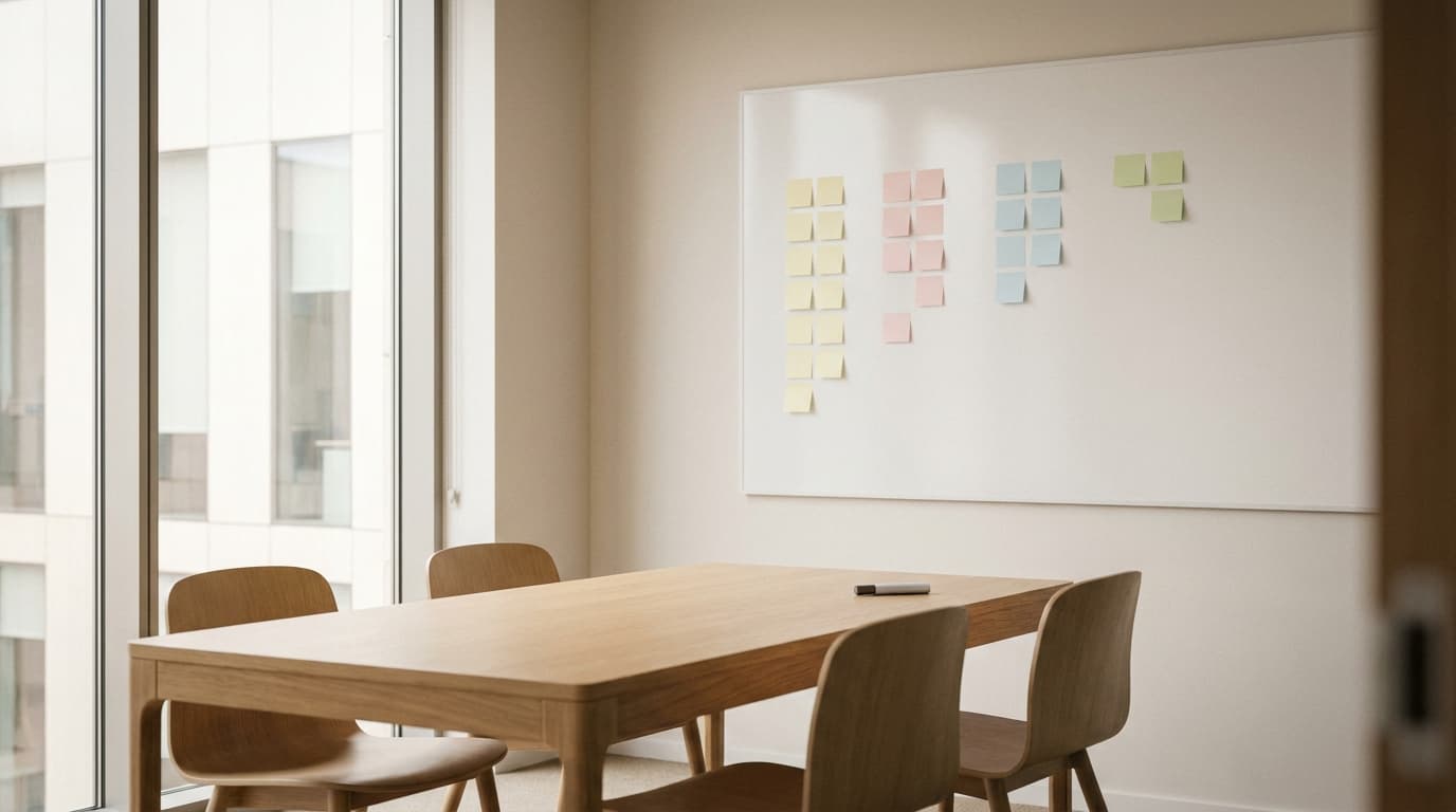 Leerer Besprechungsraum, Whiteboard mit vier Spalten Haftnotizen, von links nach rechts abnehmend gefüllt: Einführung in vier Schritten