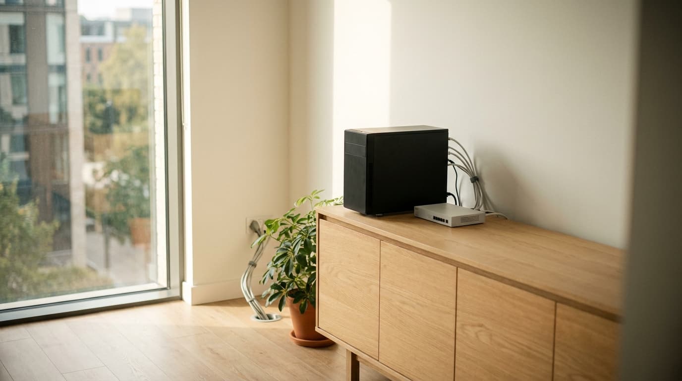 Kompakter Server auf einem Sideboard im hellen Büro: n8n selbst gehostet auf eigener Hardware