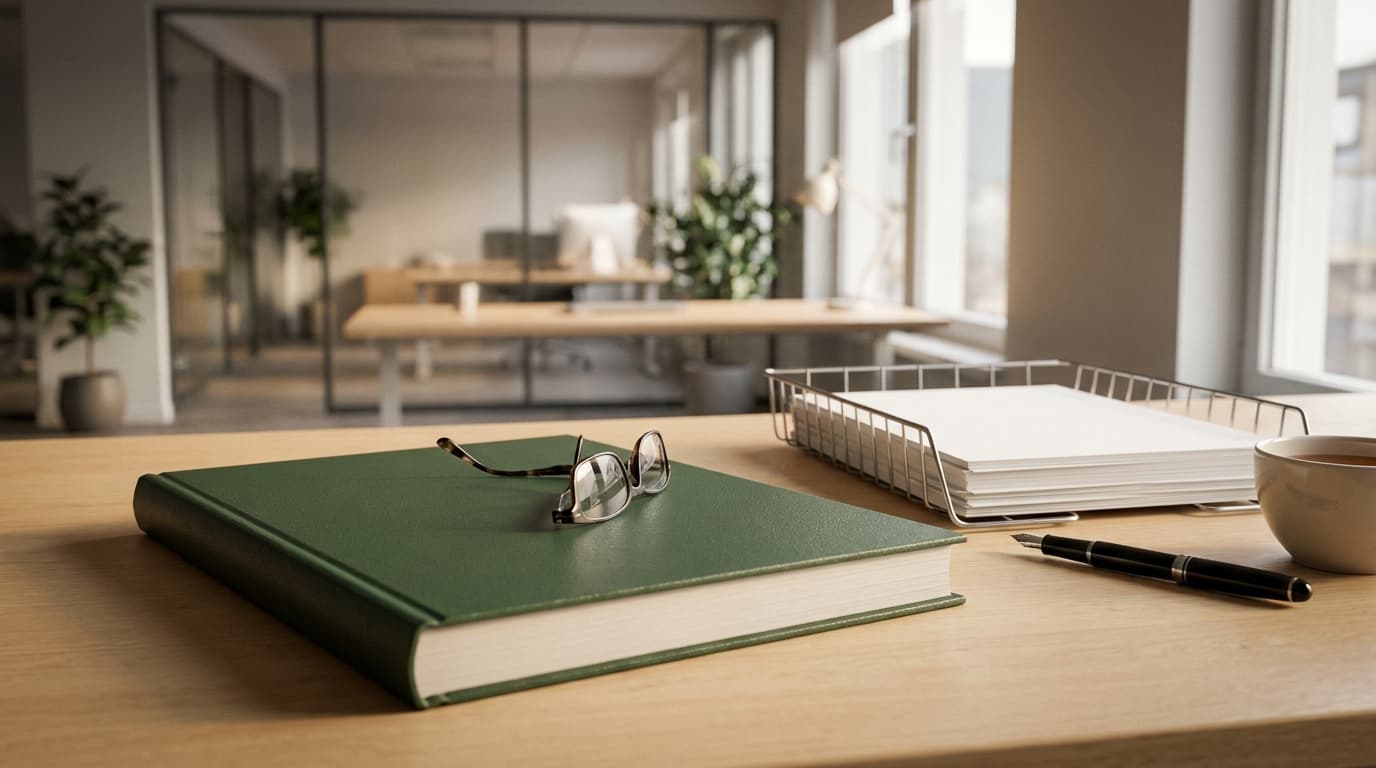 Geschlossenes Hauptbuch mit Brille und leerer Ablage: Buchhaltung, die Navision-Automatisierung übernimmt