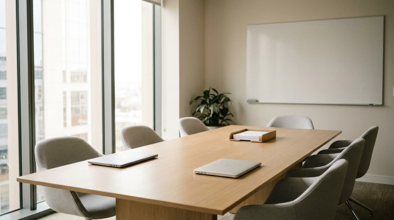 Leerer Besprechungsraum mit geschlossenen Laptops und Papierablage: Power Automate in der Office-Welt