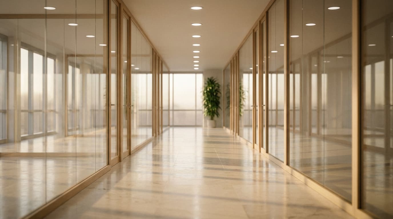 Leerer Glaskorridor eines Bürogebäudes: Tray.io als Enterprise-iPaaS